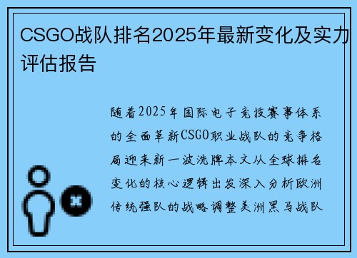 CSGO战队排名2025年最新变化及实力评估报告
