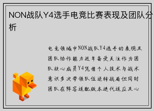 NON战队Y4选手电竞比赛表现及团队分析