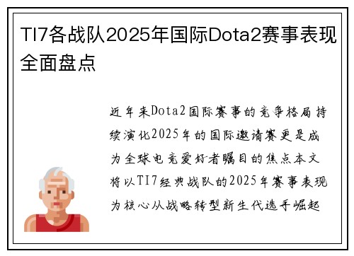 TI7各战队2025年国际Dota2赛事表现全面盘点