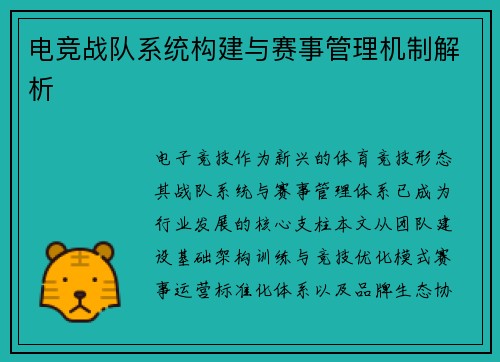 电竞战队系统构建与赛事管理机制解析