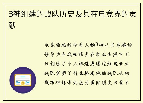 B神组建的战队历史及其在电竞界的贡献